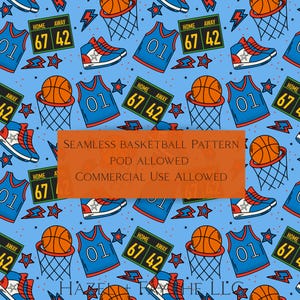 May include: Seamless basketball pattern on a light blue background. The design features basketballs, hoops, jerseys with the number 01, sneakers, scoreboards, stars, and lightning bolts. The text on the image says "Seamless Basketball Pattern", "POD Allowed", and "Commercial Use Allowed".