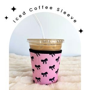 Black Bows Iced Coffee Sleeve: Girly Neoprene Cup Cozy (16-18 oz)