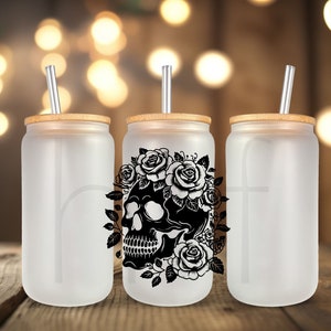 Black Skull Flowers UV DTF Transfer for Glass Cans, Water Bottles, and More - Ready to Apply - Ready to Ship! E40