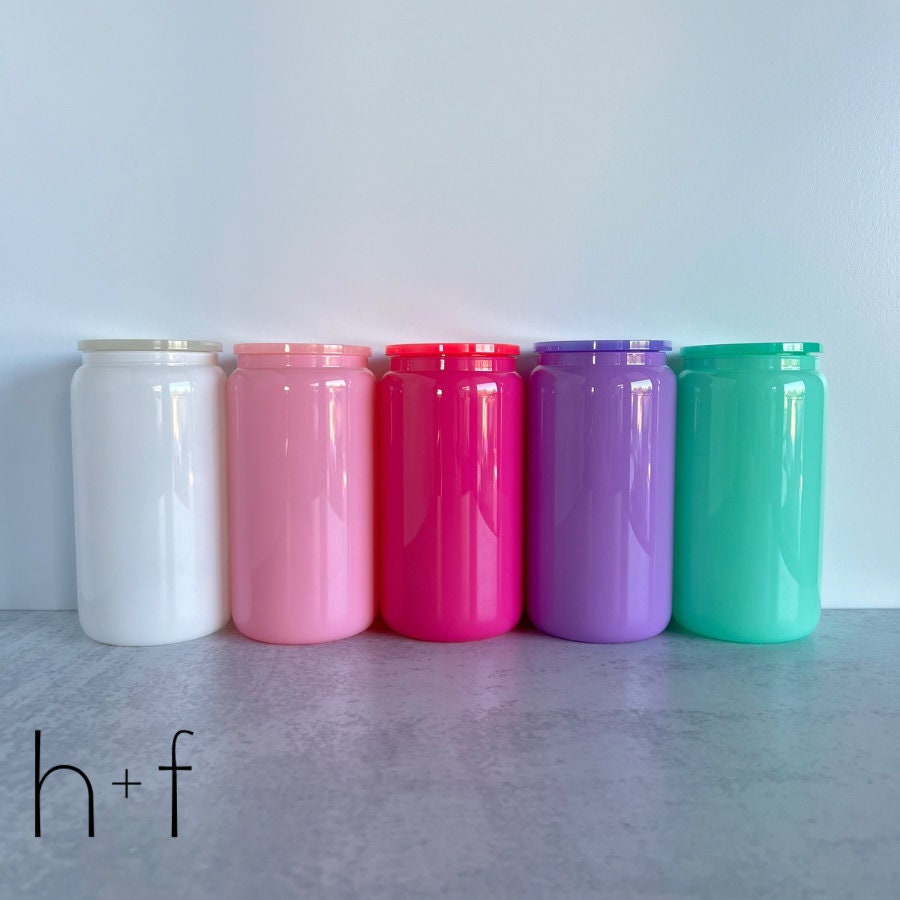 Beautiful 16 oz Macaroon Glass Tumbler with Matching Acrylic Lid and Straw - 16 oz Colored Glass Can - UV DTF or Sublimation! WC2