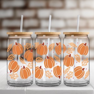 Pumpkins and Leaves UV DTF Glass Can Wrap for 16 oz Libbey Glass,  Ready to Apply, UV dtf Cup Wrap ready to ship, Glass Can Wrap E6