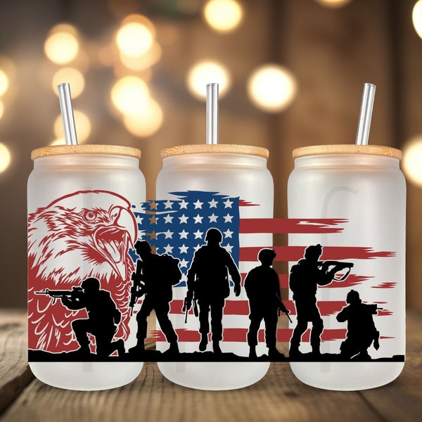 Eagle and American Troops UV DTF Cup Wrap for 16 oz Glass Cans- Ready to Apply- No Heat Needed - Ready to Ship! B36