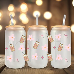 Iced Coffee and Flowers UV DTF Cup Wrap For Glass Can, Ready to Apply and Ready to Ship B65