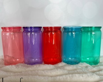 CLEARANCE- Please Read Listing | 16 oz Clear Colored Plastic Can Tumbler with Lid and Straw - Perfect Canvas for uv dtf Wraps! WJ3/4