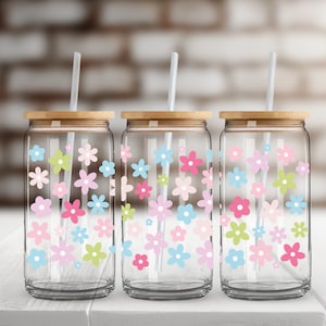 Summer Flowers UV DTF Glass Can Wrap for 16 oz Libbey Glass,  Ready to Apply, UV dtf Cup Wrap ready to ship, Glass Can Wrap C45