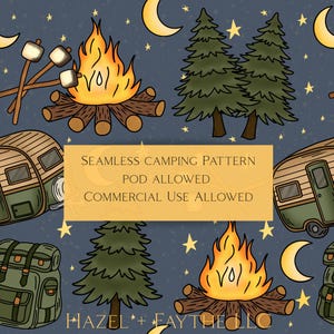 May include: A seamless camping pattern on a dark blue background. The design includes campfires, trees, camper vans, backpacks, moons, and stars. The text "SEAMLESS CAMPING PATTERN POD ALLOWED COMMERCIAL USE ALLOWED" is displayed on a yellow rectangle.