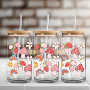 Mushrooms and Flowers UV DTF Glass Can Wrap for 16 oz Libbey Glass,  Ready to Apply, UV dtf Cup Wrap ready to ship, Glass Can Wrap J11