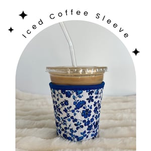 Dark Blue Flowers Neoprene Iced Coffee Sleeve (16-18 oz)