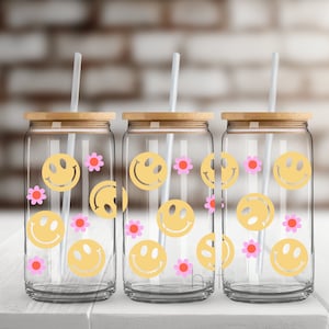 Happy Face UV DTF 16 oz Glass Can Wrap