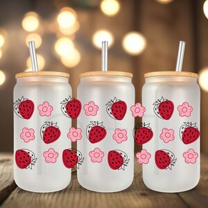 Strawberry Flowers UV DTF Cup Wrap For Glass Can, Ready to Apply and Ready to Ship B59