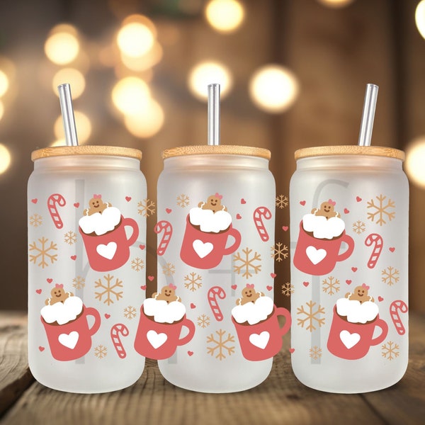 Gingerbread Hot Chocolate UV DTF Cup Wrap For Glass Can, Ready to Apply and Ready to Ship A72