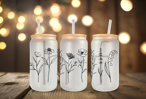 Minimalist Flower UV DTF Cup Wrap for 16 oz Glass Cans- Ready to Apply- No  Heat Needed - Ready to Ship!