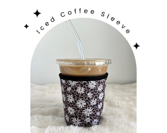 Leopard Daisies Neoprene Iced Coffee Sleeve: 16-18 oz Cup Cozy