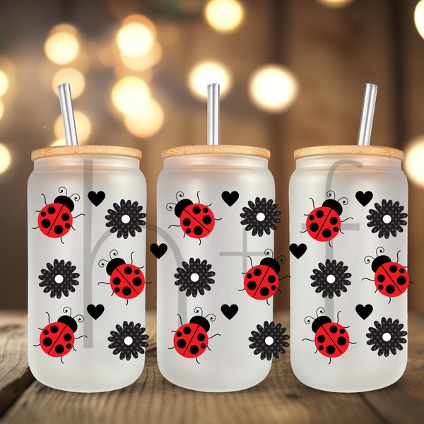 Ladybugs and Flowers UV DTF Cup Wrap for 16 oz Glass Cans - Ready to Apply- No Heat Needed - Ready to Ship! C67