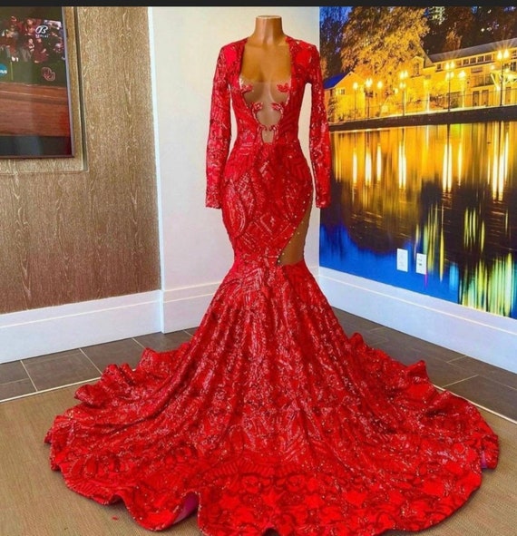 fitted lace wedding dress Shiny Sequined Red Evening Dresses Off Shoulder Puffy Sleeves Plus Siz