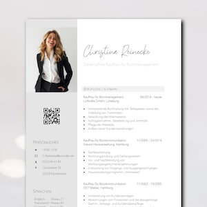 Könnte beinhalten: Ein Lebenslauf für Christina Reinecke, eine deutschsprachige Kandidatin für eine Stelle im Büromanagement. Der Lebenslauf listet ihre Berufserfahrung, Fähigkeiten und Sprachen auf.