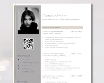 May include: A resume for Greta Hoffmann, a communications-focused office management professional. The document includes a headshot, a QR code, and details of her professional experience and personal information.