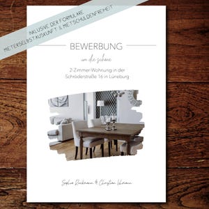 Peut inclure: Un flyer blanc avec du texte et une photo d'intérieur. Le texte comprend "BEWERBUNG" et "2-Zimmer-Wohnung in der Schröderstraße 16 in Lüneburg". Une bannière diagonale indique "INKLUSIVE DER FORMULARE MIETERSELBSTAUSKUNFT & MIET SCHULDENFREIHEIT".