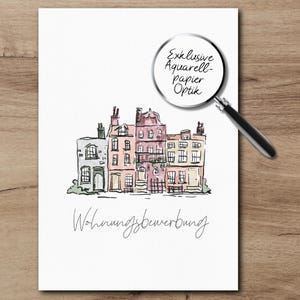 Könnte beinhalten: Eine Aquarellillustration einer Reihe von bunten Häusern mit einem Textüberlagerung, die "Wohnungsbewerbung" und "Exklusive Aquarell-papier Optik" lautet.
