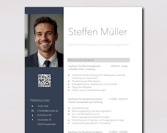 May include: A resume for Steffen Müller, a certified office management specialist. The resume lists his work experience as an office manager at Loiola GmbH in Lüneburg, Germany, and as an office communication specialist at Sevars Hausverwaltung in Hamburg, Germany.