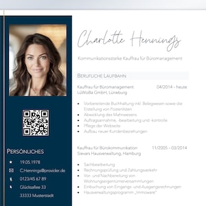 May include: A blue and white business card featuring a headshot of a woman. The card displays the name Charlotte Hennings, the title "Kommunikationsstarke Kauffrau für Büromanagement", and a QR code.