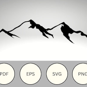 May include: A black silhouette of a mountain range with three peaks. The mountains are drawn in a simple, minimalist style.