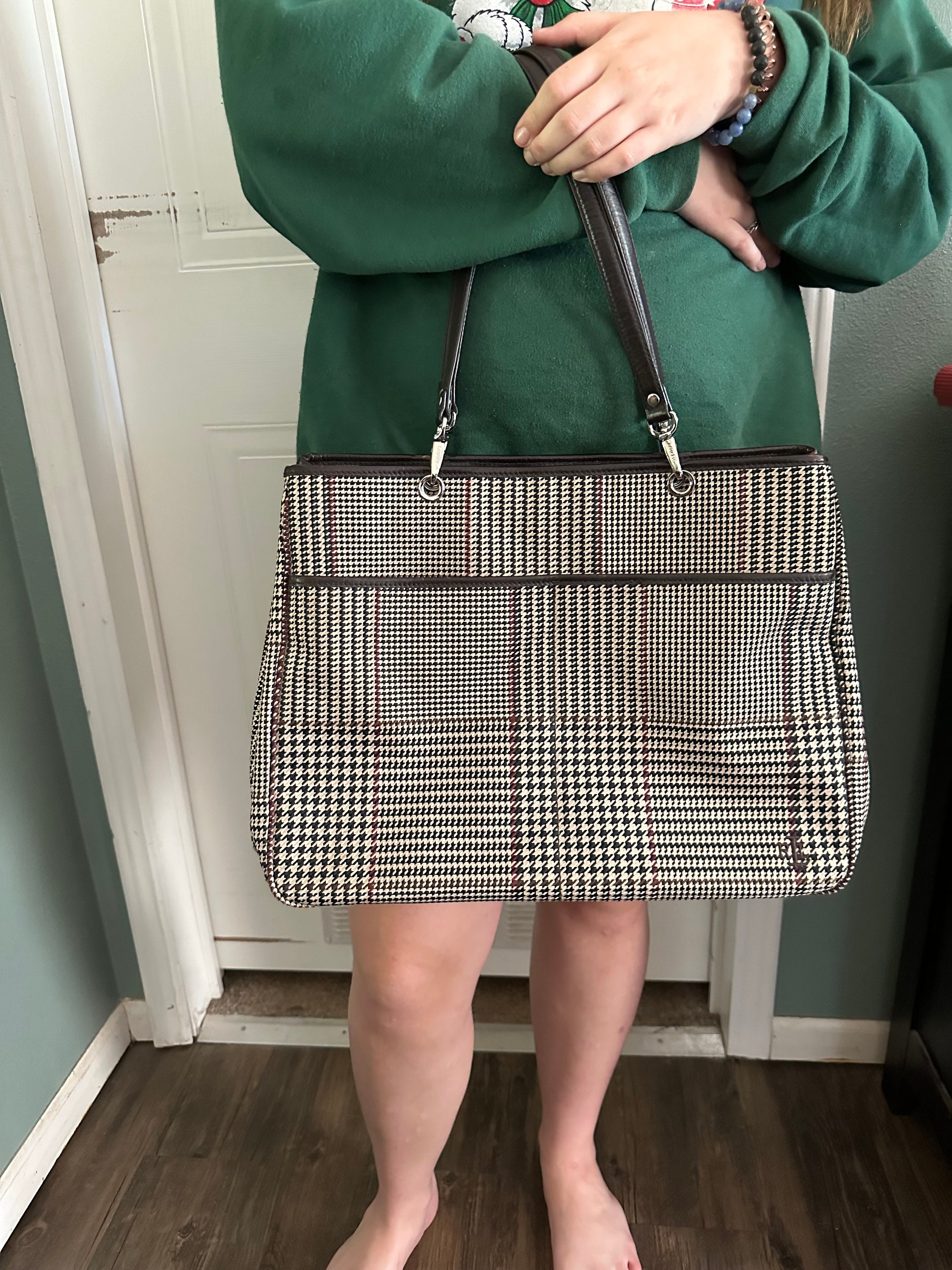 Vintage Polo Ralph Lauren Houndstooth Coated Canvas Leather Tote Bag Purse