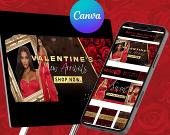 May include: A computer screen and a mobile phone display Valentine's Day themed advertisements with the text "Valentine's New Arrivals Shop Now" and "Sweet Valentine Shop Date Night". The background is a red rose pattern.