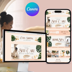 Może przedstawiać: Strona główna witryny internetowej marki poświęconej pielęgnacji siebie z tekstem "Your Self Care Ritual Starts Here" i zdjęciem kobiety w szlafroku. Witryna oferuje również opcję "Shop Now, Pay Later" i sekcję "Home Spa Experience".
