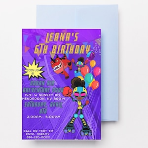 May include: Purple birthday invitation with a cartoon character wearing roller skates and holding balloons. The invitation is for Leana's 6th birthday party at Urban Air Adventure Park in Henderson, Nevada. The party is on Saturday, April 8th from 2:00 PM to 5:00 PM. RSVP to Jeremy at 891-212-0022.
