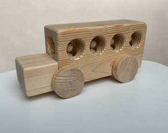 Holzspielzeug Bus Schulbus beweglich Schiebe - Fahrzeug Geschenk Kinder Jungen Mädchen Geburt nachhaltig