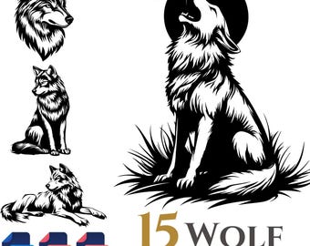 Paquete de 15 imágenes prediseñadas vectoriales de lobo, fondo transparente, descarga digital instantánea, archivos SVG y PNG, uso comercial
