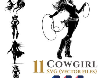 Paquete de 11 imágenes prediseñadas vectoriales de vaquera, fondo transparente, descarga digital, archivos SVG y PNG, uso comercial