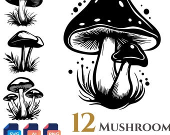 Paquete de 12 imágenes prediseñadas vectoriales de hongos, fondo transparente, descarga digital, archivos SVG y PNG, uso comercial