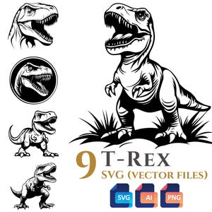 Paquete de 9 imágenes prediseñadas vectoriales de T-Rex (SVG), tiranosaurio, dinosaurio, fondo transparente, descarga digital instantánea en SVG y PNG, uso comercial