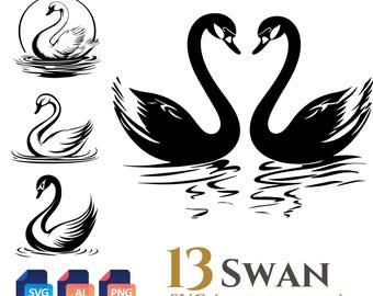 Paquete de 13 imágenes prediseñadas vectoriales de cisne, fondo transparente, descarga digital instantánea, archivos SVG y PNG, uso comercial