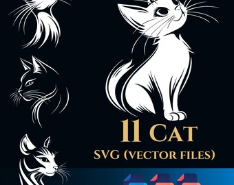 Paquete de 11 imágenes prediseñadas vectoriales de gatos, fondo transparente, descarga digital instantánea, archivos SVG y PNG, uso comercial