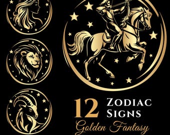 Paquete de imágenes prediseñadas de signos del zodíaco, dorado, horóscopo de fantasía, fondo transparente, PNG, gráficos digitales, descarga instantánea, para uso comercial