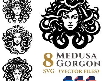 8 Medusa Gorgon svg Vector Clipart Bundle, Transparent Background, Digital Download SVG, PNG files, Commercial Use