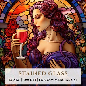 Vrouw met wijn glas in lood patroon, sublimatie ontwerpen, glas in lood png, gebrandschilderd glas, digitaal bestand, commercieel gebruik