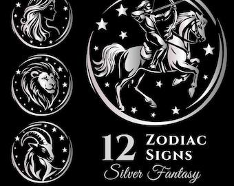 Paquete de imágenes prediseñadas de signos del zodíaco, plateado, horóscopo de fantasía, fondo transparente, PNG, gráficos digitales, descarga instantánea, para uso comercial