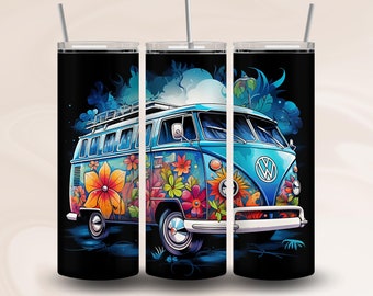 Hippie Van Tumbler Wrap Design for 20 oz Straight Skinny Tumbler, PNG Sublimation Design, Instant Digital Download PNG