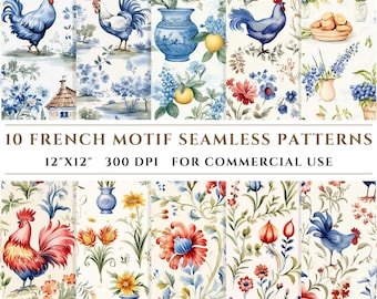 10 patrones sin costuras con motivos de estilo campestre francés, papel digital estilo acuarela, papel para álbumes de recortes, archivo digital, descarga instantánea, uso comercial