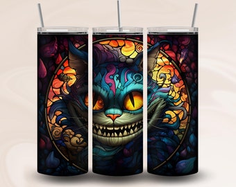 Diseño de funda para vaso de 20 oz con el Gato de Cheshire de Alicia en el País de las Maravillas, diseño para sublimación PNG, descarga digital instantánea