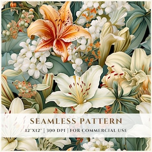 Lilies Floral Seamless Pattern Digital Image, Lily Flowers, Digital File, Instant Download, Commercial Use
