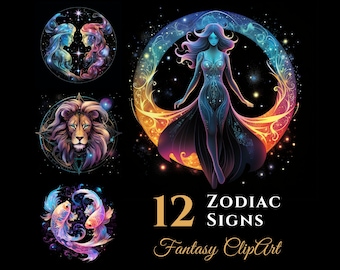 Zodiac Signs Clipart Bundle, Fantasy Horoscope Digital Graphics, Instant Download, For Commercial Use, Celestial