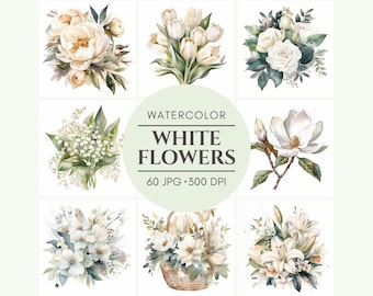 Paquete de 60 imágenes prediseñadas de acuarela de flores blancas, gráficos digitales de alta resolución, descarga instantánea, uso comercial