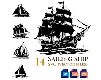 Paquete de 14 imágenes prediseñadas vectoriales de veleros, fondo transparente, descarga digital instantánea, archivos SVG y PNG, uso comercial