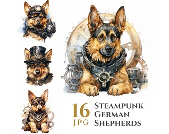 スチームパンクなジャーマンシェパードドッグのクリップアート16点セット、デジタルグラフィック、即時ダウンロード、商用利用可