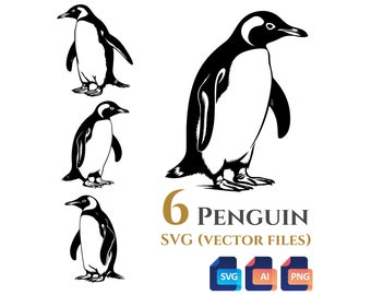 Paquete de 6 imágenes prediseñadas vectoriales de pingüinos, fondo transparente, descarga digital instantánea, archivos SVG y PNG, uso comercial